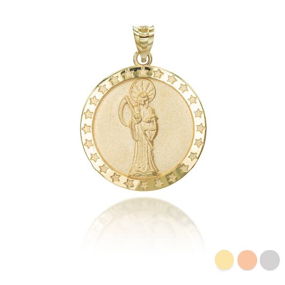 Solid 14k Gold Santa Muerte Star Coin Pendant - Yellow, Rose, or White
